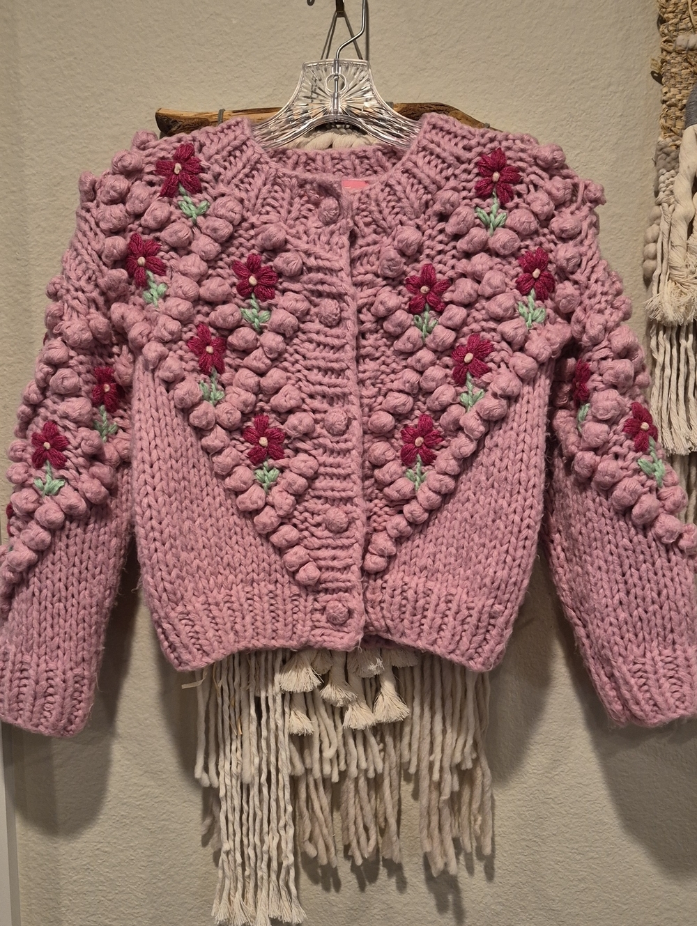 Dolls Kill Sugar Thrillz Pink Floral Pom Pom Cropped Knit Cardigan, XXS